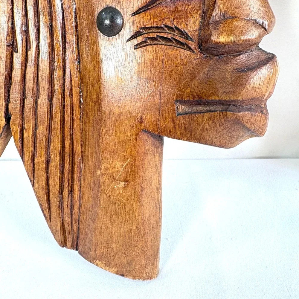 Vintage 70's Hand Carved Wood Wall Art Brown Pair Face Fish Tribal Folk Art MCM